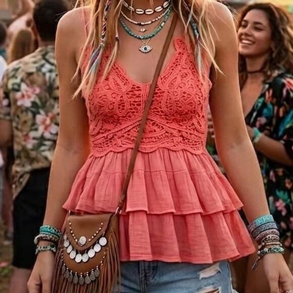 Lime Lush Tops - Coral Ruffle Tiered Cami Peplum Tank Top szS Y2K,fairy, festival, boho, concert